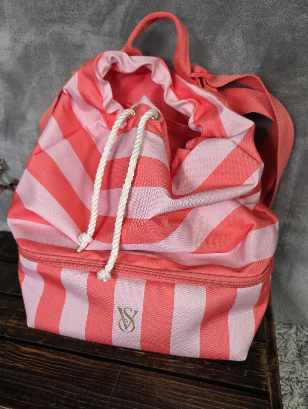 Victoria's Secret Pink Striped Cooler Backpack Drawstring Bag Beach Gym or Work